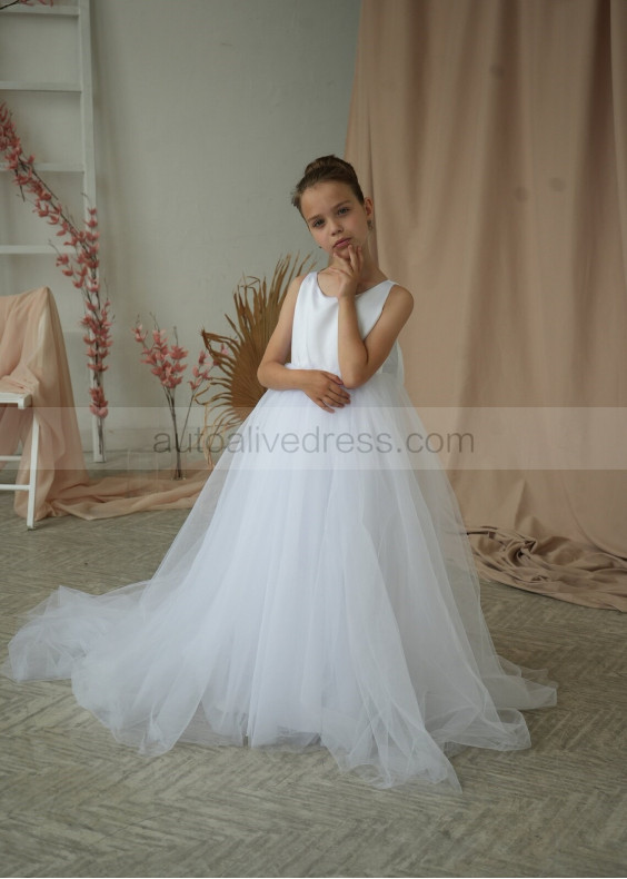 White Satin Tulle Flower Girl Dress Communion Dress